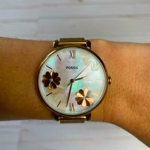 Fossil Jacqueline Series Rose Gold Mesh Watch with Floral & Mother of Pearl Dial